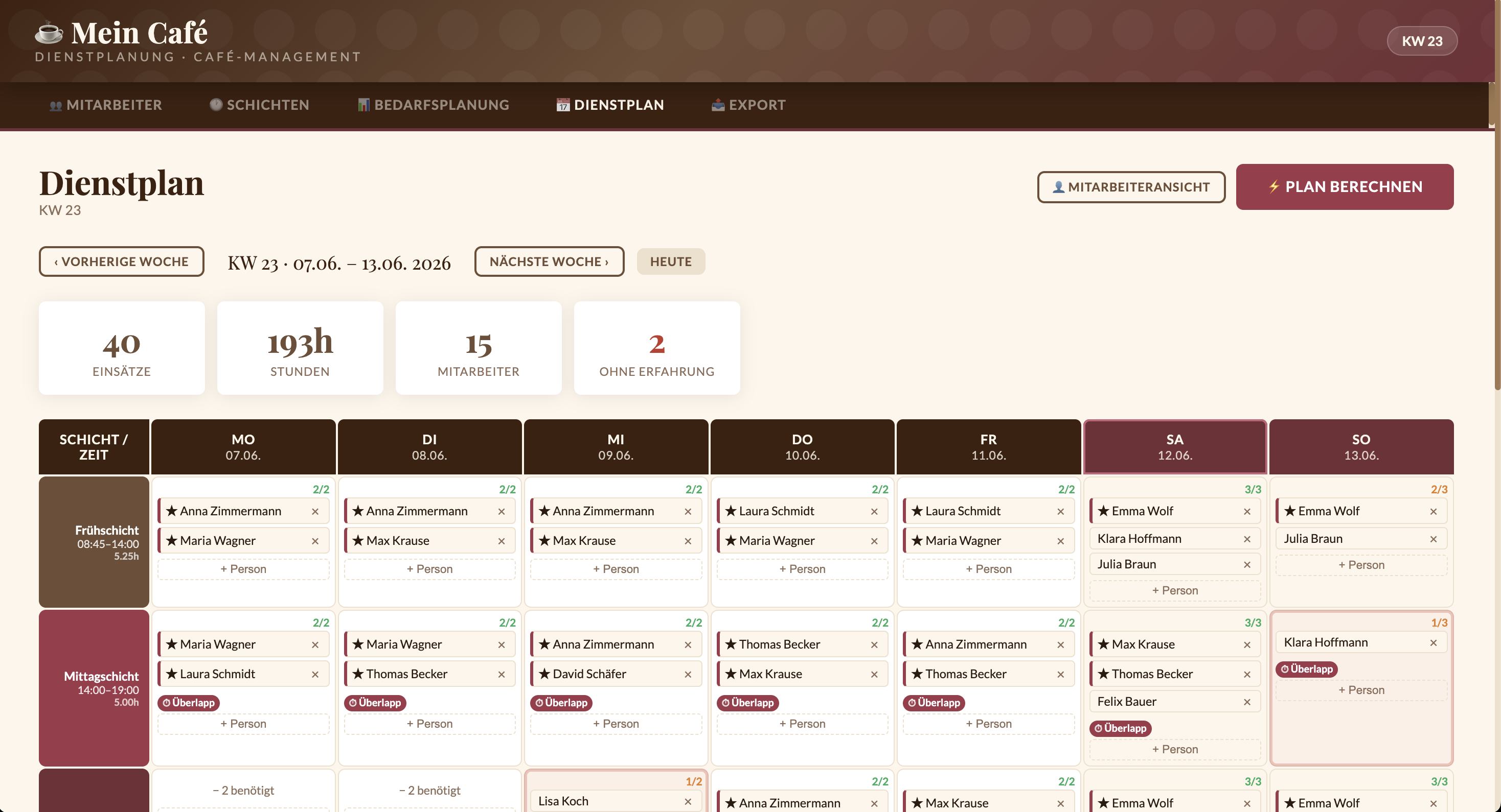 Dienstplan-Tool für die Gastronomie